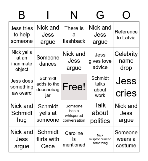 New Girl Bingo Card