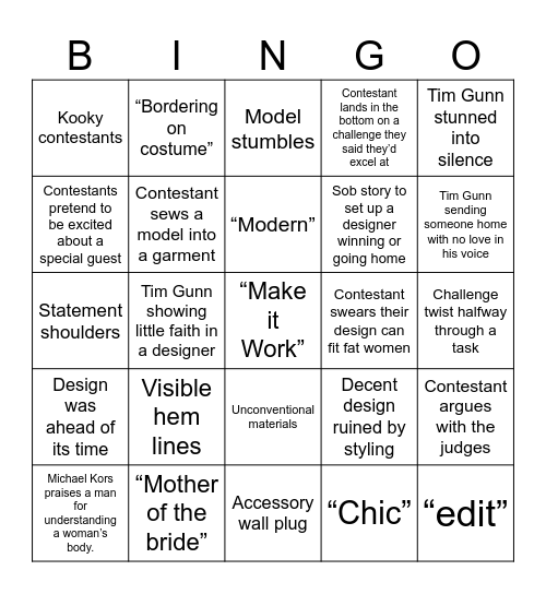 Project Runway Bingo Card