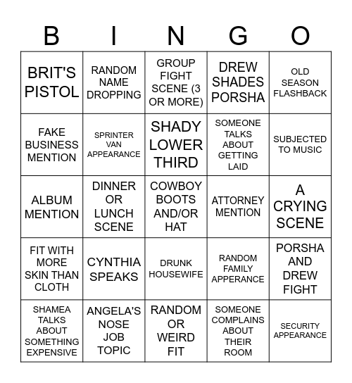 ATL Housewives S16 EP 8 Bingo Card
