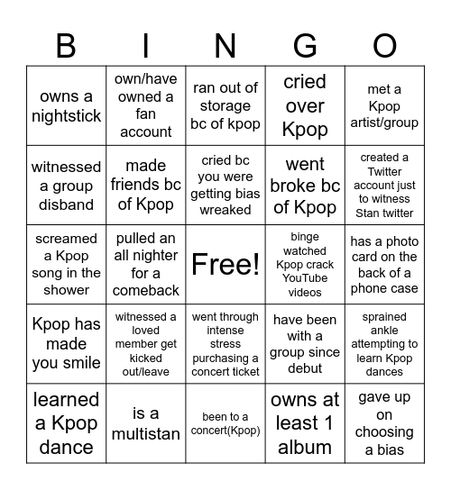 Kpop bingo! Bingo Card