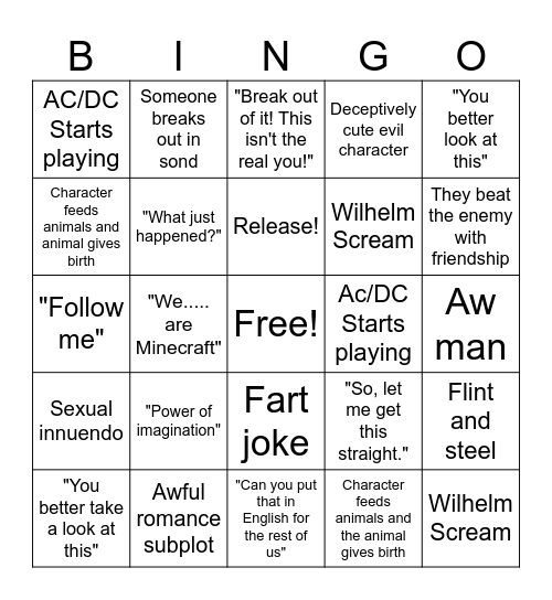 Minecraft Movie Bingo Card