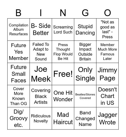 Cool British Singles Bingo Card