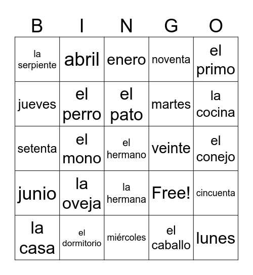 Español Bingo Card