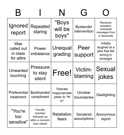 Gender-based BINGO Card