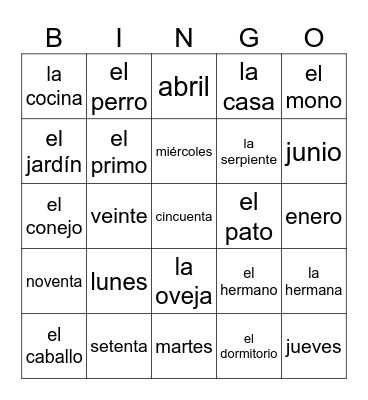 Español Bingo Card