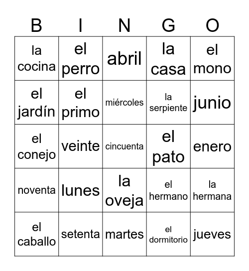 Español Bingo Card