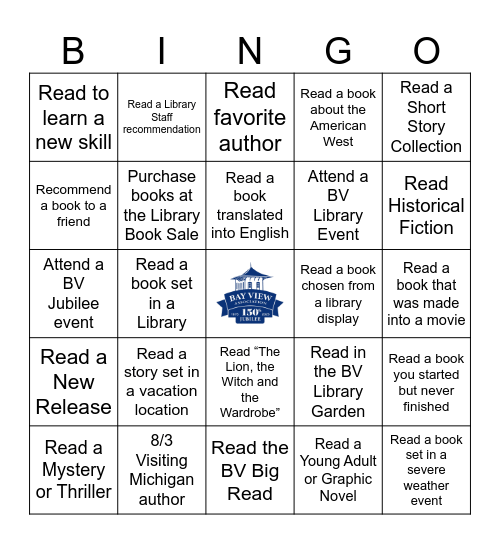 Bay View 150th Jubilee Summer Reading Bingo Teens & Adults Bingo Card
