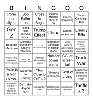 2025 Australian Federal Election Night Bingo Card