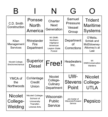 Rhinelander High School Career Fair 2025 Bingo Card