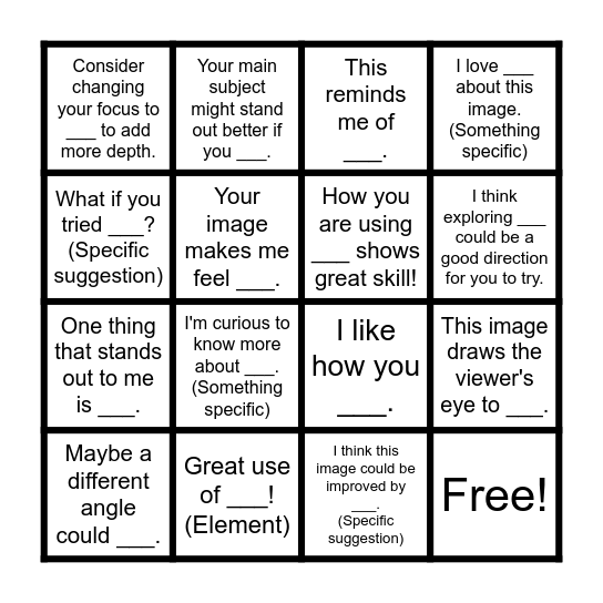 Photo Critique Bingo! Bingo Card