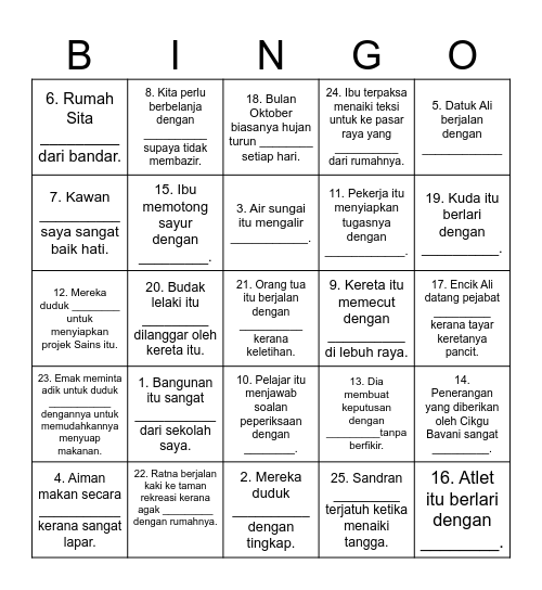 KATA ADJEKTIF JARAK DAN CARA Bingo Card