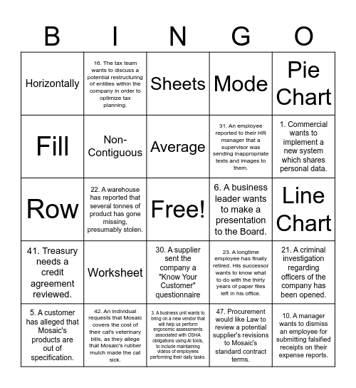 Spreadsheet Bingo Card
