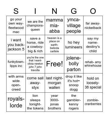 sing along songs Bingo Card