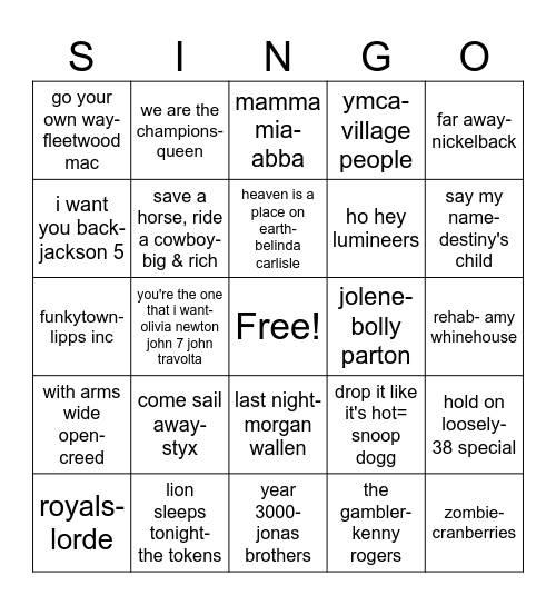 sing along songs Bingo Card
