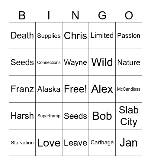 Into the Wild Bingo Card