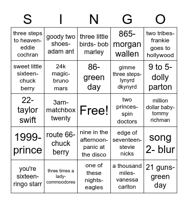 songs with numbers Bingo Card