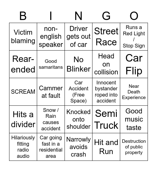 Idiots in Cars Bingo Card