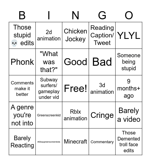 YT shorts bingo Card