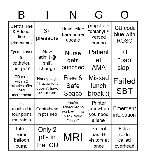 ICU Bingo Card