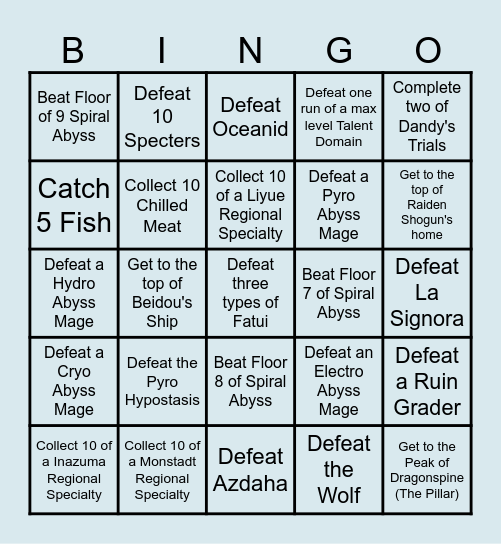 Genshin Lockout Bingo Card