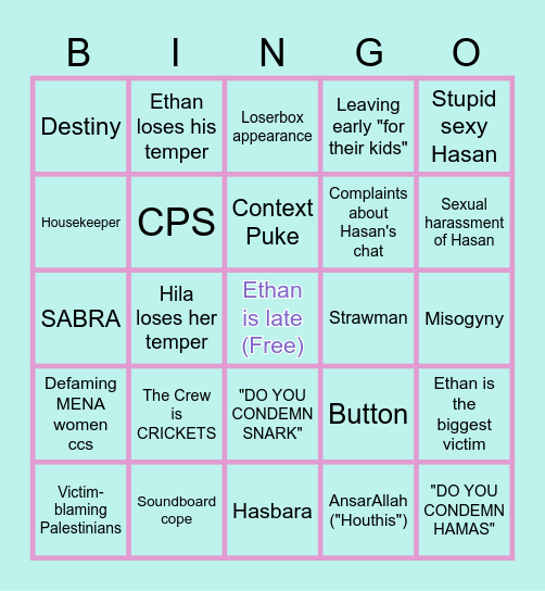 Hasan v H3 Bingo Card