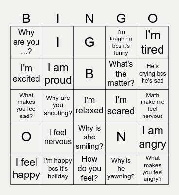 Feelings 1 Bingo Card