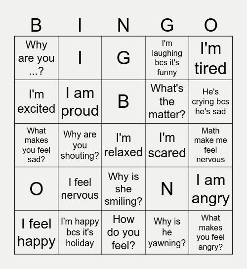 Feelings 1 Bingo Card