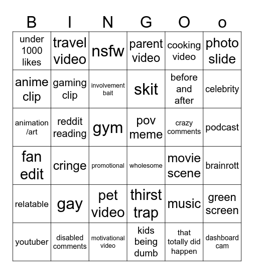 tik tok Bingo Card