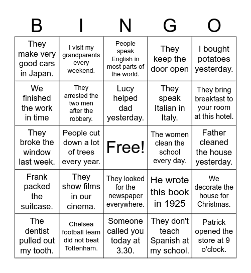 Passive Voice Bingo Card