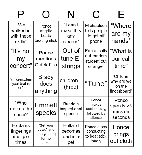 Orchestra Bingo Card