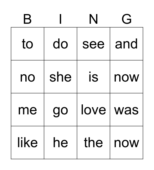 Word Bingo Card