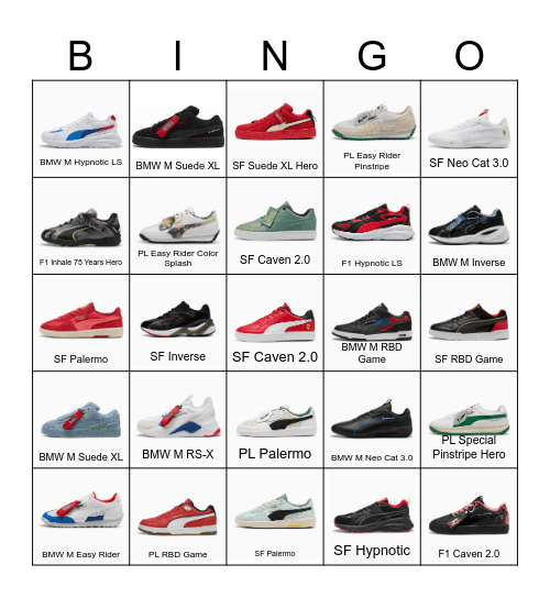 Motorsport Footwear Bingo Card