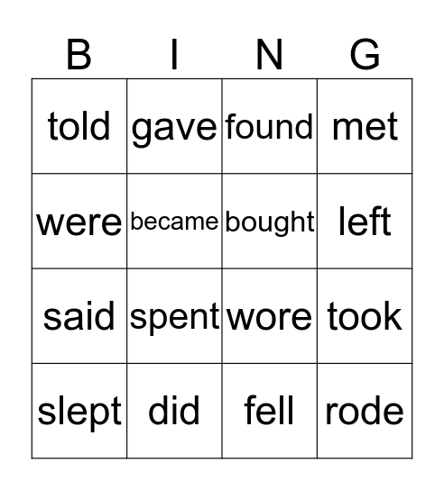 Past Simple Bingo Card