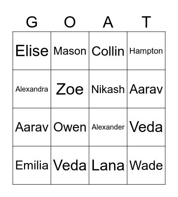 The G.O.A.T's of 4C Bingo Card