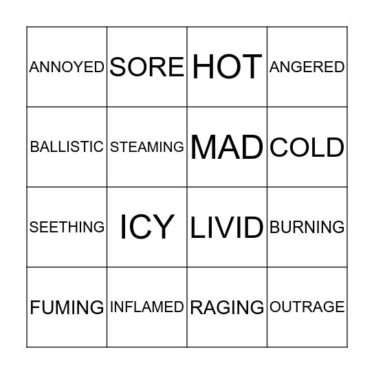 ANGER BINGO Card