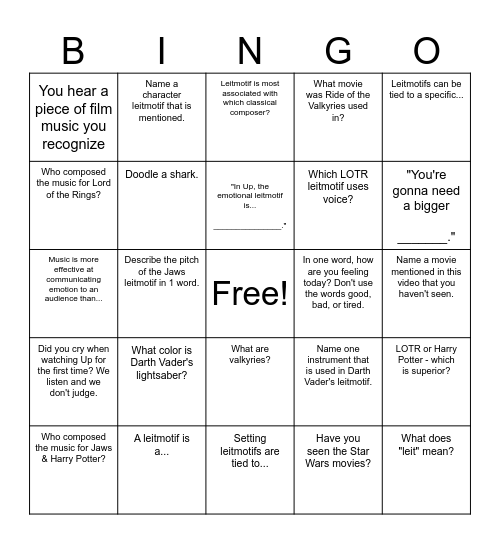 Leitmotif Bingo Card