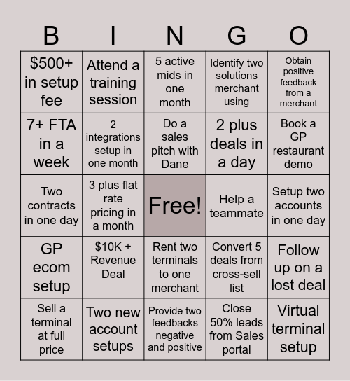 Dream Team Sales Bingo Card