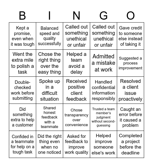 Live the Values – BINGO! Bingo Card