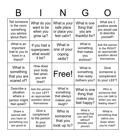 Social/Emotional Bingo Card