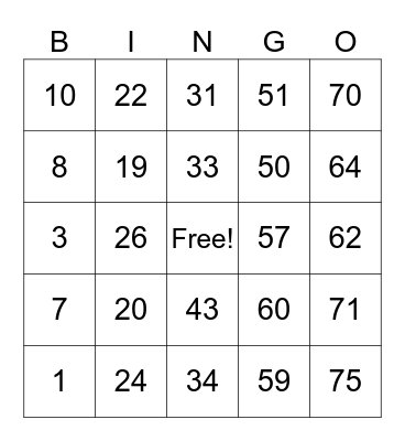 Number Bingo 1-75 Bingo Card