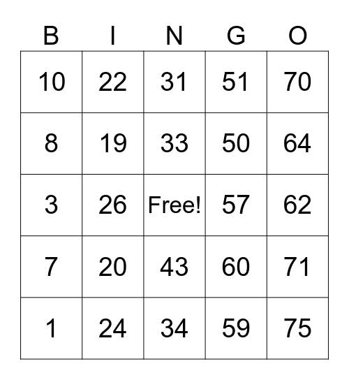 Number Bingo 1-75 Bingo Card