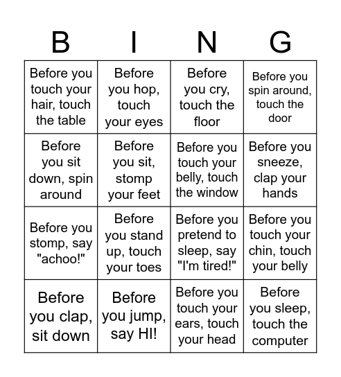 Before directions! Bingo Card