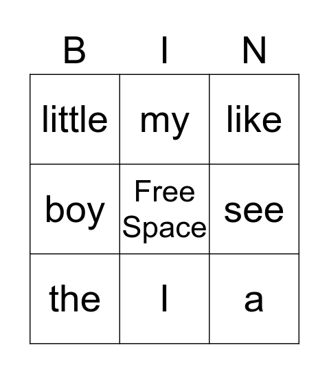 Sight Word Bingo Card