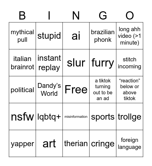Random TikTok FYP Bingo Card
