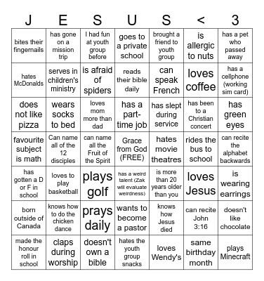 Youth Group Human Bingo Card