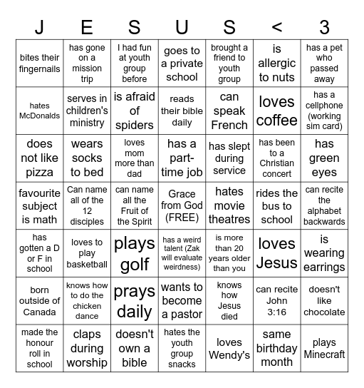 Youth Group Human Bingo Card
