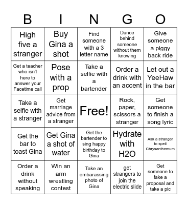 Gina's Bachelorette Party Bingo Card