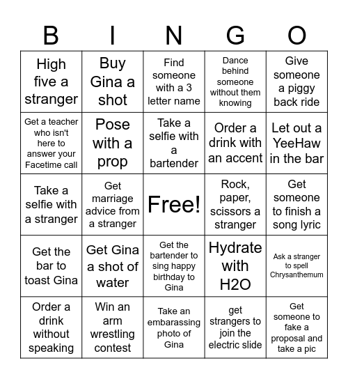 Gina's Bachelorette Party Bingo Card