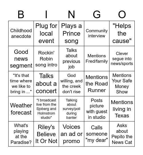 Rockin' Robin Riley Bingo Card