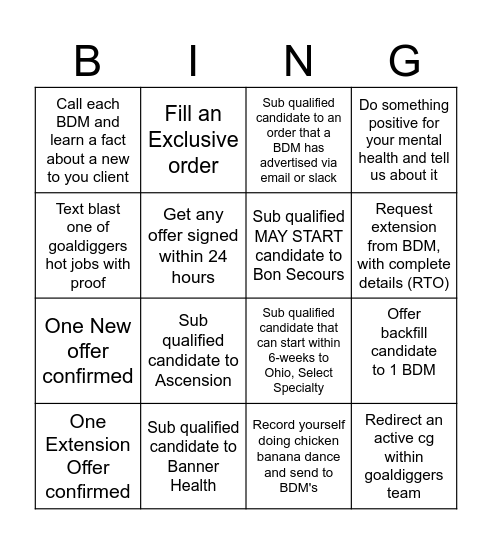 GOALdiggers BINGO Card